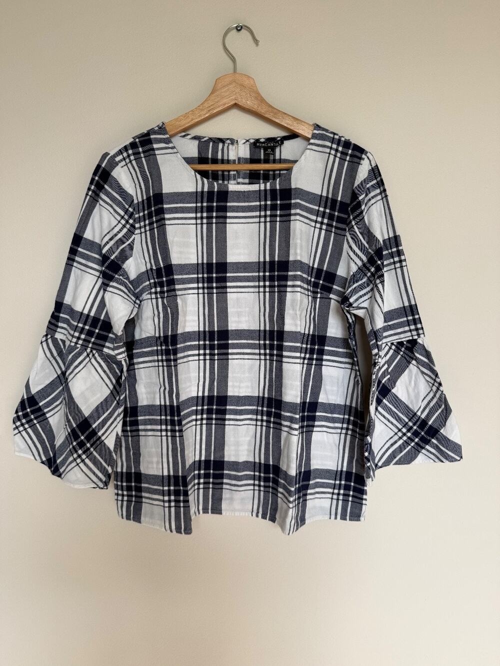J.Crew Mercantile Women's 12 Plaid Top Navy White Bell Sleeve Cotton Preppy